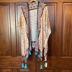 Anthropologie New With Defects Lynnie Silk Cotton Kimono Tasseled Bead Peach OS